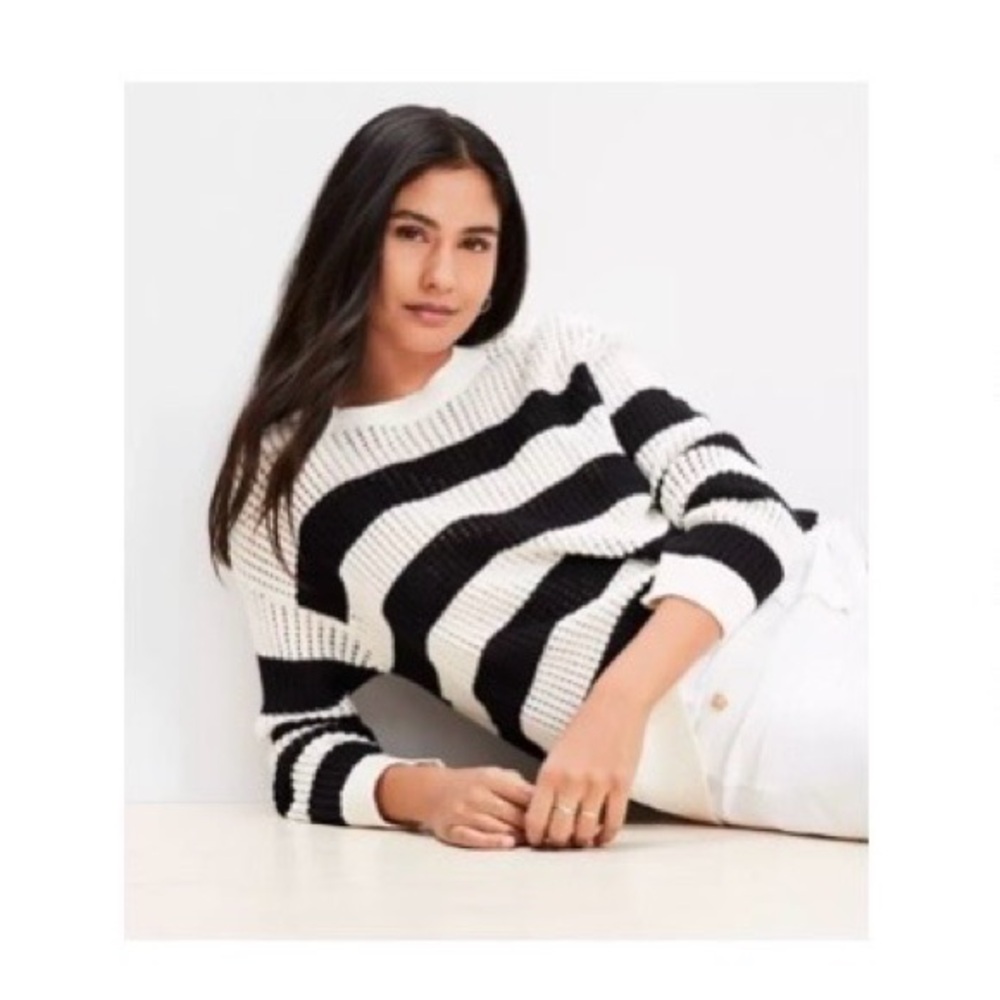 Loft | 100% Cotton Stripe Open Stitched Black and White Sweater